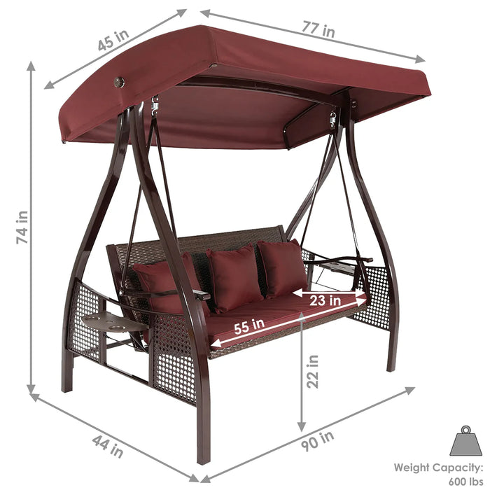 adjustable tilt locking canopy on 3-person outdoor patio swing 77 inch wide