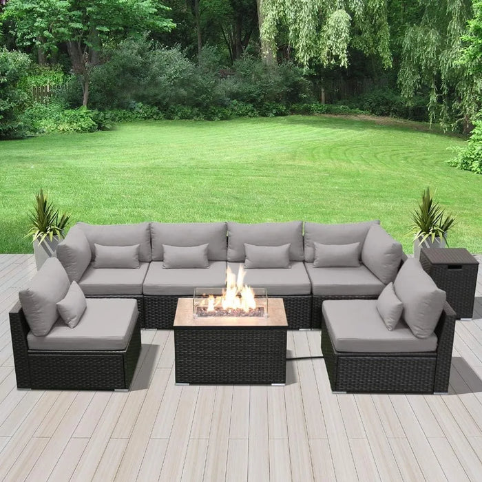 Patio Furniture Set, Patio Sectional Sofa with Gas Fire Pit Table Propane Fire Pit Rectangular Table, Outdoor Furniture Set