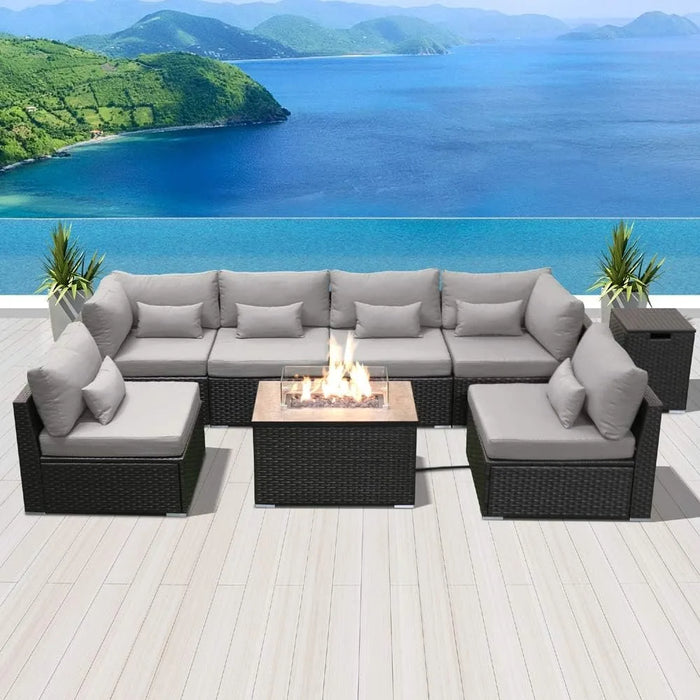 Patio Furniture Set, Patio Sectional Sofa with Gas Fire Pit Table Propane Fire Pit Rectangular Table, Outdoor Furniture Set