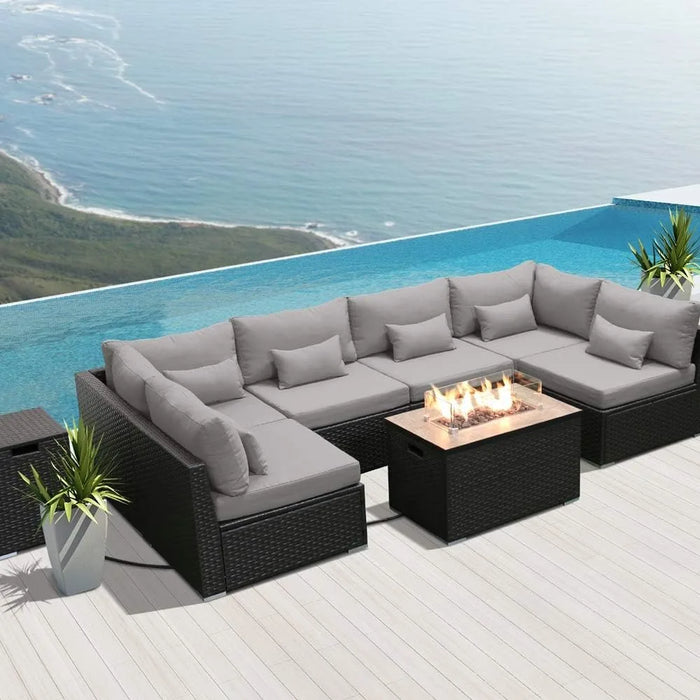 Patio Furniture Set, Patio Sectional Sofa with Gas Fire Pit Table Propane Fire Pit Rectangular Table, Outdoor Furniture Set