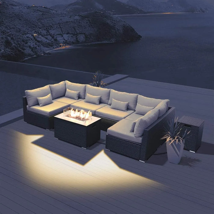 Patio Furniture Set, Patio Sectional Sofa with Gas Fire Pit Table Propane Fire Pit Rectangular Table, Outdoor Furniture Set