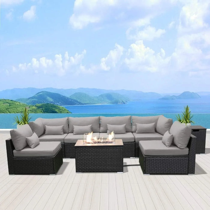 Patio Furniture Set, Patio Sectional Sofa with Gas Fire Pit Table Propane Fire Pit Rectangular Table, Outdoor Furniture Set