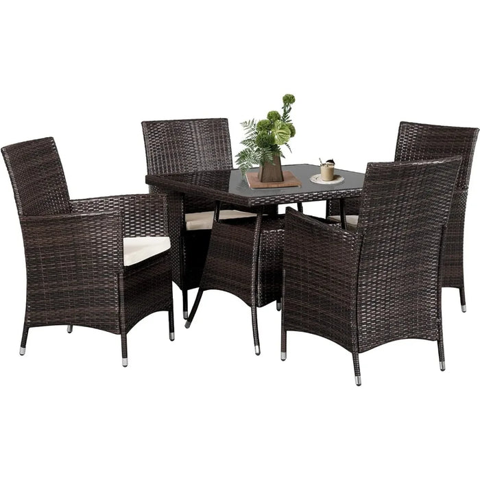 5 Piece Outdoor Dining Set All-Weather Wicker Patio Table Chairs Cushions,Square Tempered Glass Tabletop Garden Furniture Sets