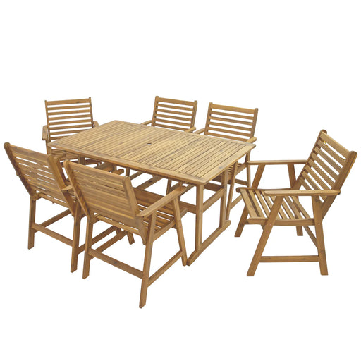 Sunnydaze Hatteras 7-piece acacia wood outdoor dining set table and 6 armchairs