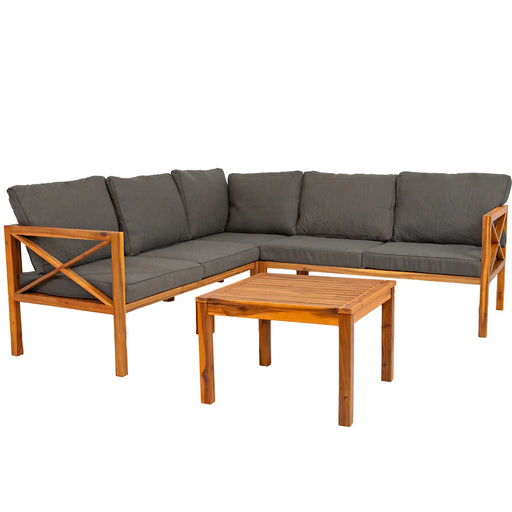 Sunnydaze 4-piece FSC acacia wood L-shaped outdoor sectional sofa set natural gray with coffee table