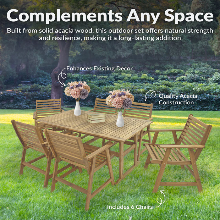 Sunnydaze Hatteras 7-Piece Acacia Wood Outdoor Dining Set — Table, 6 Armchairs & Umbrella Hole | Seats 6