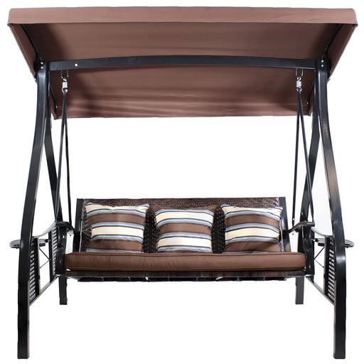 Sunnydaze Deluxe 3-person outdoor canopy swing brown stripe black frame