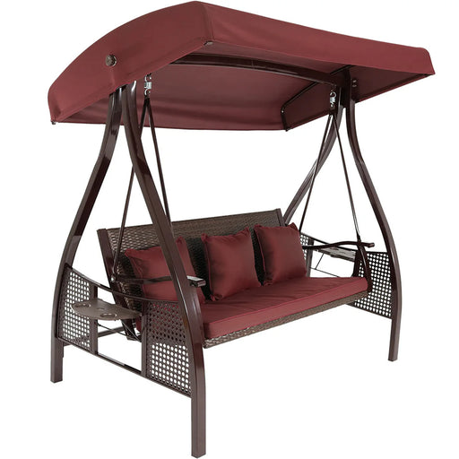 Sunnydaze Deluxe 3-person patio swing with canopy side tables maroon brown frame