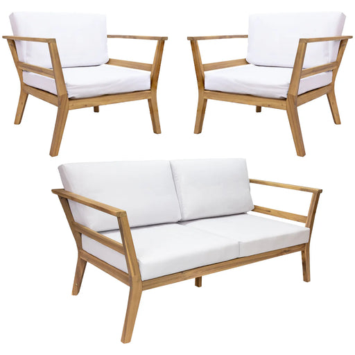 Sunnydaze Bodie 3-piece acacia wood patio conversation set with loveseat and 2 armchairs