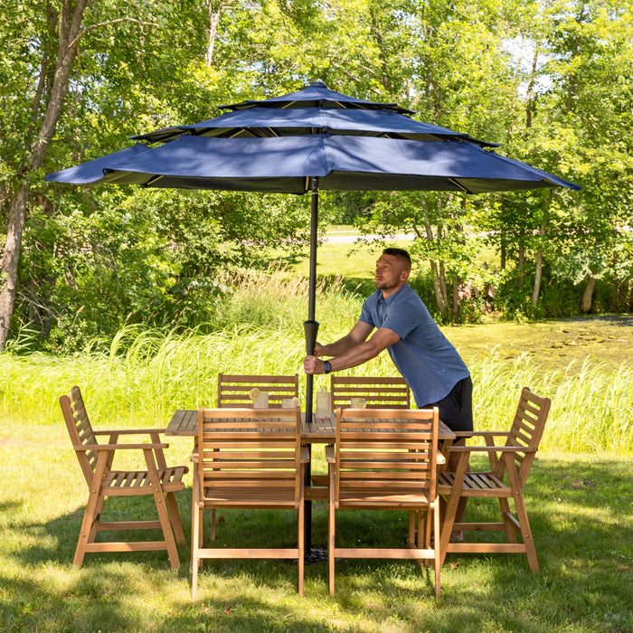 outdoor dining table center umbrella hole acacia wood slatted top