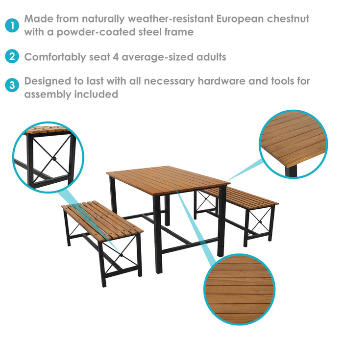 Sunnydaze 3-Piece European Chestnut Wood Patio Dining Set — Rectangular Table & 2 Benches | Indoor/Outdoor