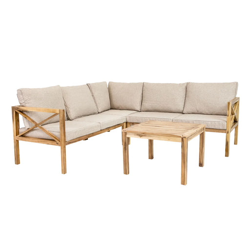 Sunnydaze 4-piece acacia wood L-shaped patio sectional sofa set light brown with coffee table