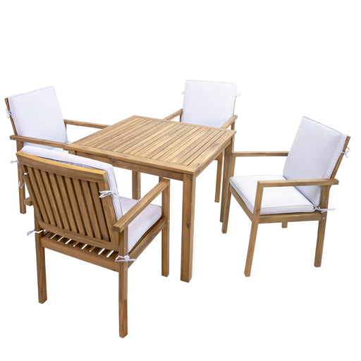 Sunnydaze Rodanthe 5-piece acacia wood patio dining set square table 4 armchairs bone white cushions